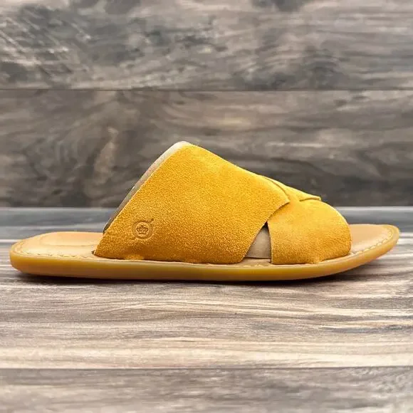 NIB Born Celena 9M Yellow Suede Cross Strap Flat Comfort Slide Sandals - Picture 6 of 10
